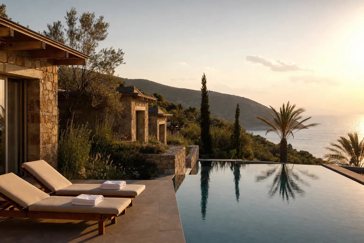 A hillside resort at golden hour, stone villas and loungers beside an infinity pool above the sea