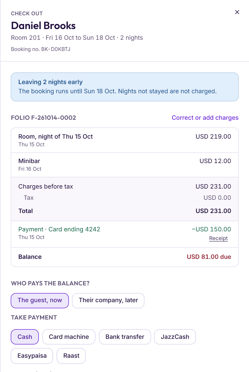 Check-out in BedKeys: the folio’s charges and payment, who pays the balance, and the ways to take payment