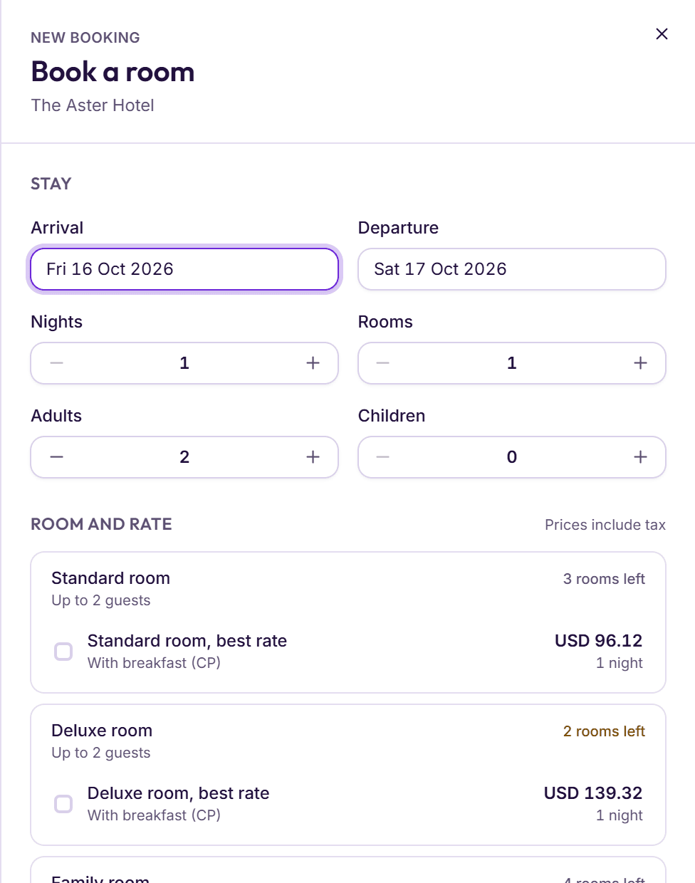 Book a room in BedKeys: dates and guests, then each room type’s rate with its price and the rooms left