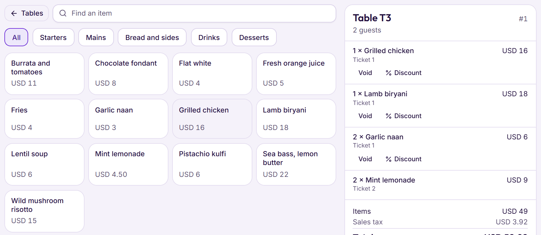 BedKeys restaurant till: the menu and table 3's order