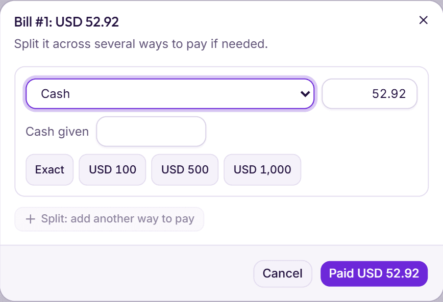 Taking payment at the BedKeys till: cash given, quick amounts, and splitting the bill across ways to pay