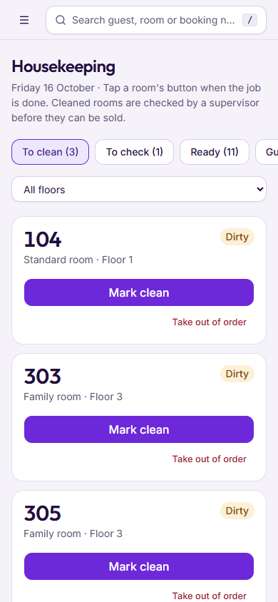 BedKeys housekeeping on a phone: rooms to clean with a Mark clean button