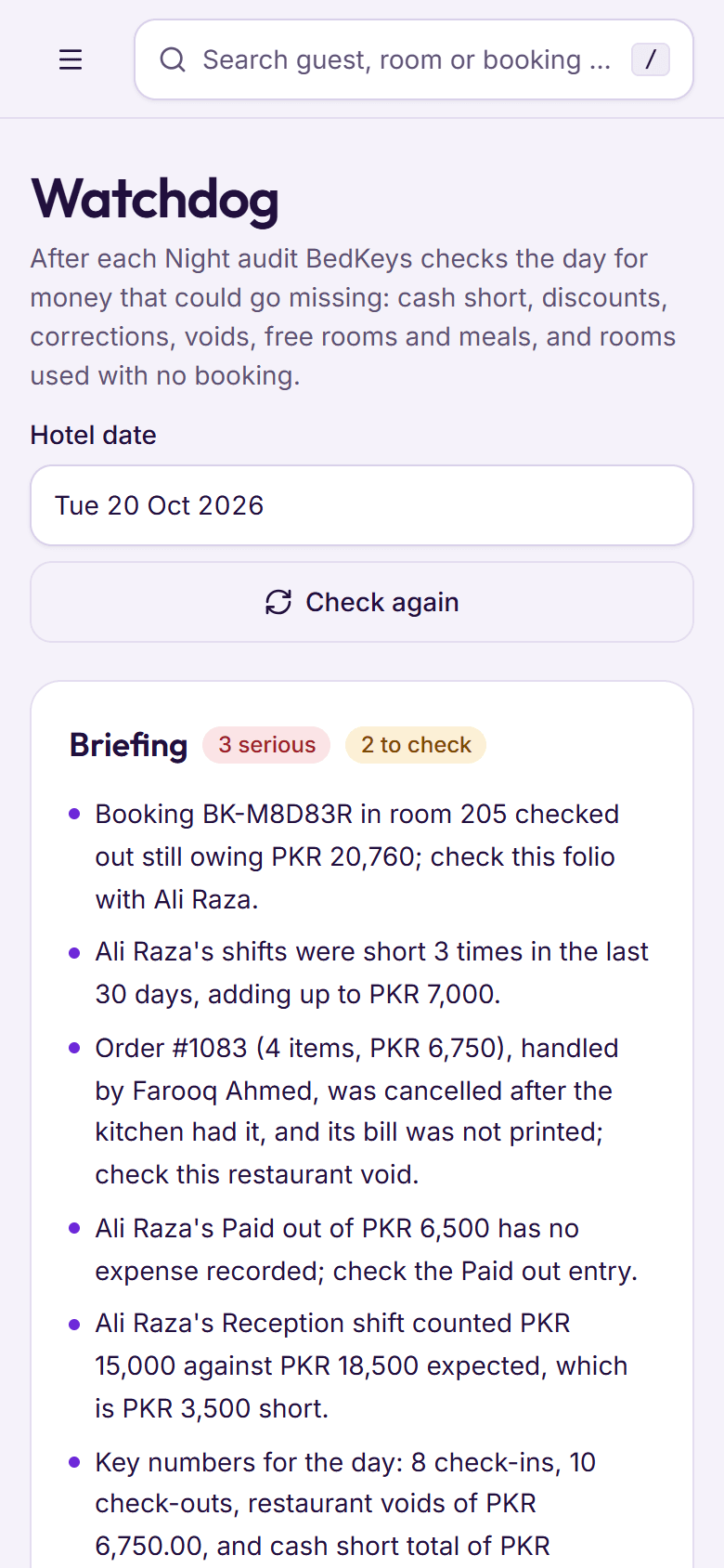 The Watchdog on a phone: the hotel date and the morning briefing