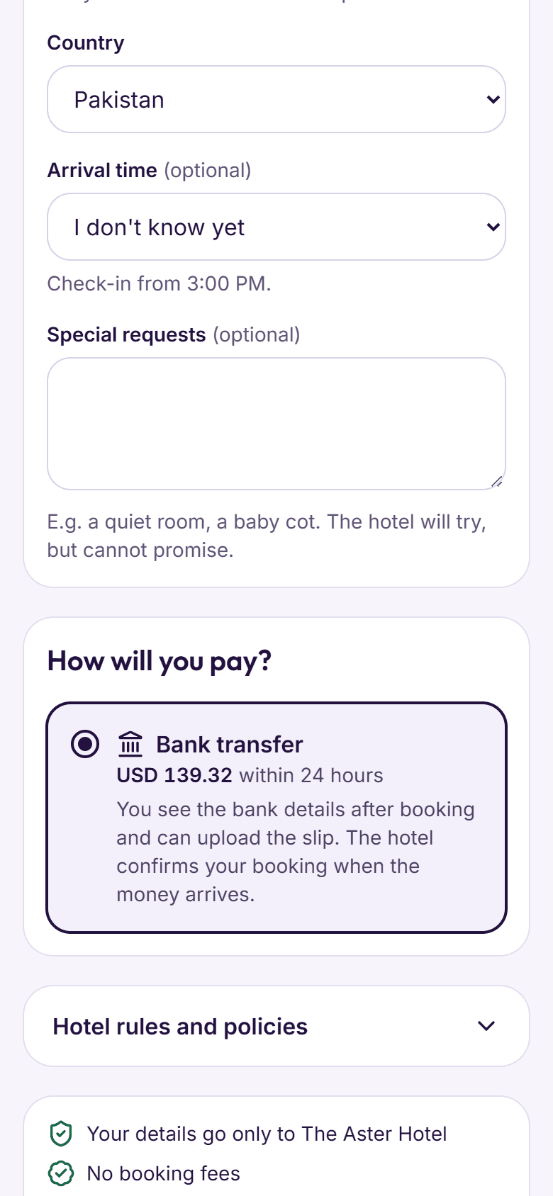 The booking page on a phone: the guest’s details and paying by bank transfer