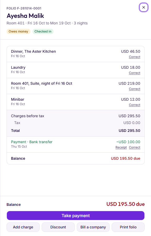 A guest folio in BedKeys with charges, a payment and the balance due