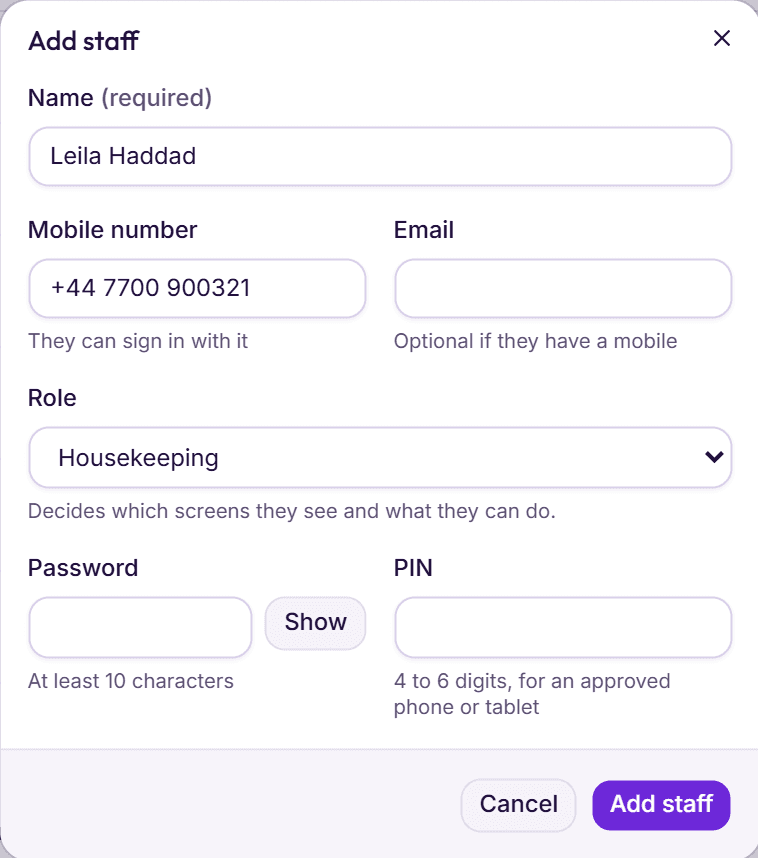 Add staff in BedKeys: a name, a mobile number to sign in with, the Housekeeping role, and a password or a PIN for an approved phone