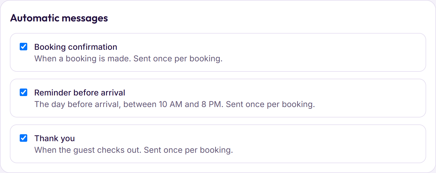 Automatic guest messages in BedKeys: booking confirmation, a reminder before arrival, and a thank-you at check-out