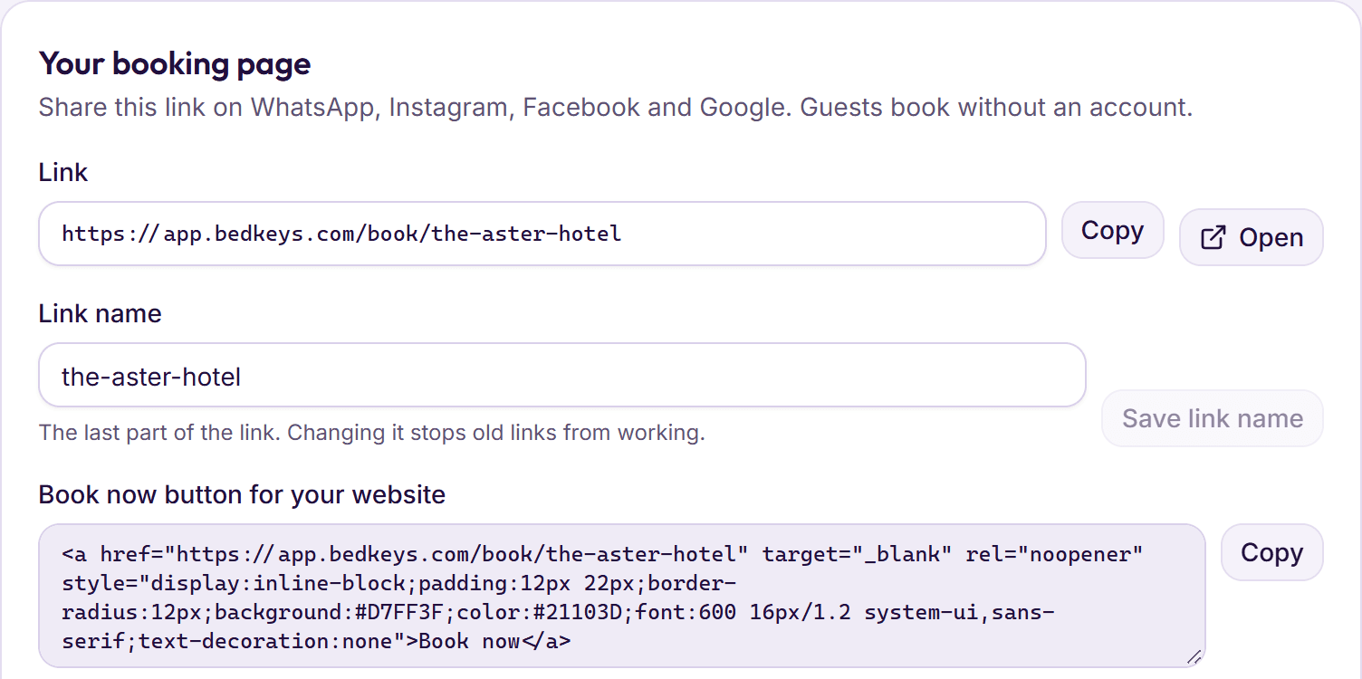 Booking page settings in BedKeys: the page’s link, and a Book now button to paste into the hotel’s website