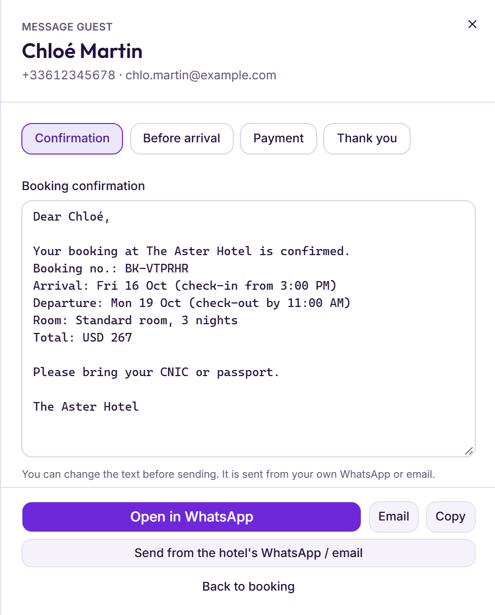 Message guest in BedKeys: a booking confirmation filled in from the booking, with Open in WhatsApp and Email