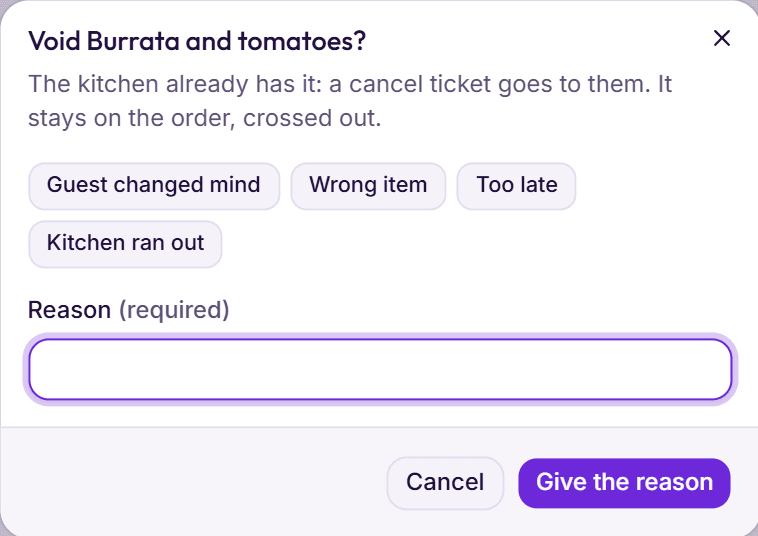 Voiding a dish at the BedKeys till: a cancel ticket goes to the kitchen, the dish stays on the order crossed out, and a reason is required