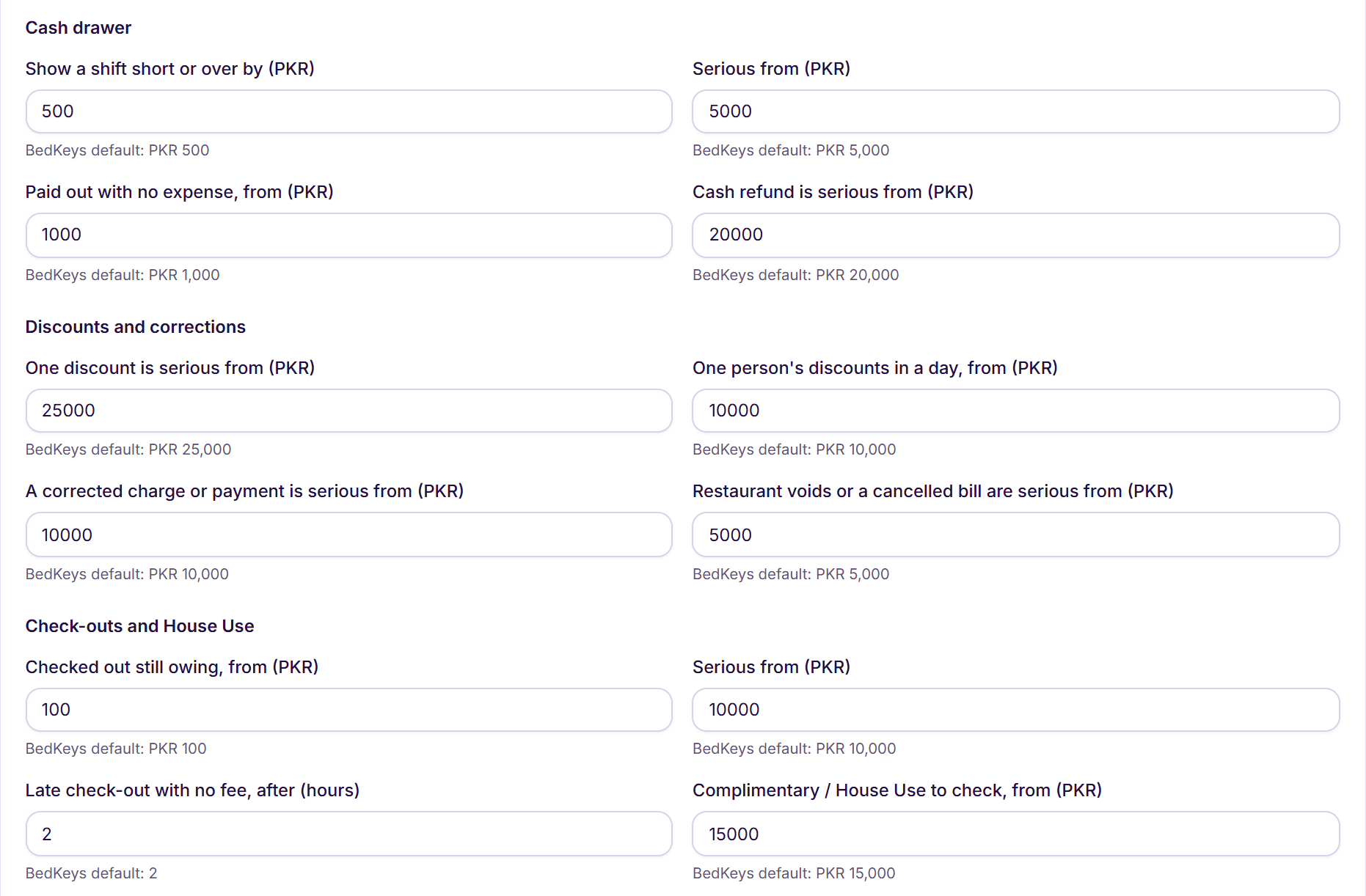 Owner’s Watchdog settings: the amount at which each check speaks up, such as a shift short by PKR 500, with BedKeys’ default beside each